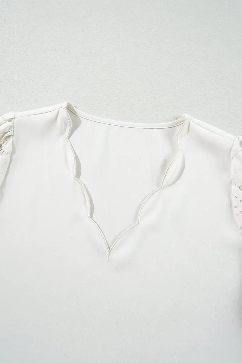 White Scalloped V Neckline Lace Hollowed Lantern Sleeve Blouse - Love Salve